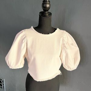 Zara TRF White Denim cropped, puffed sleeve top.